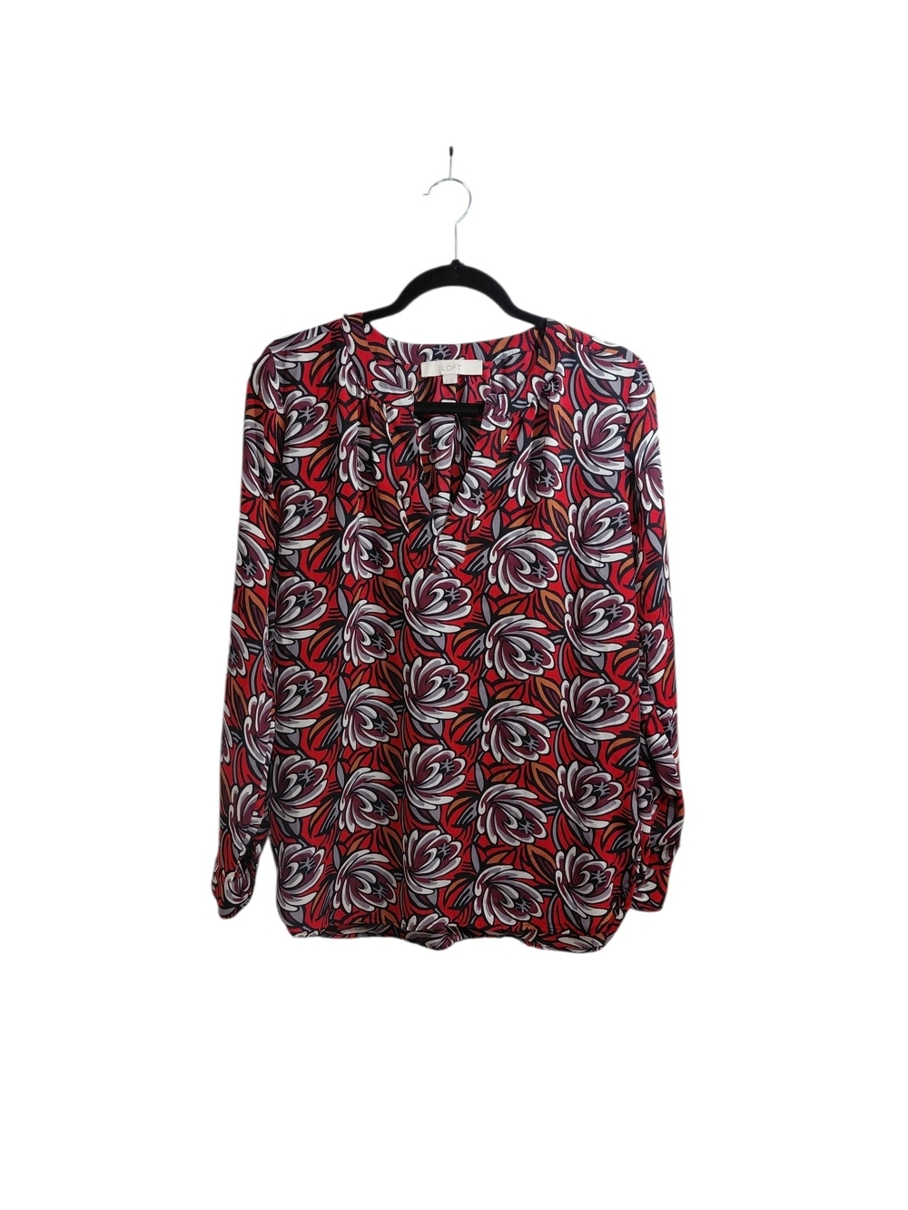 LOFT Red Floral Long-Sleeve Blouse